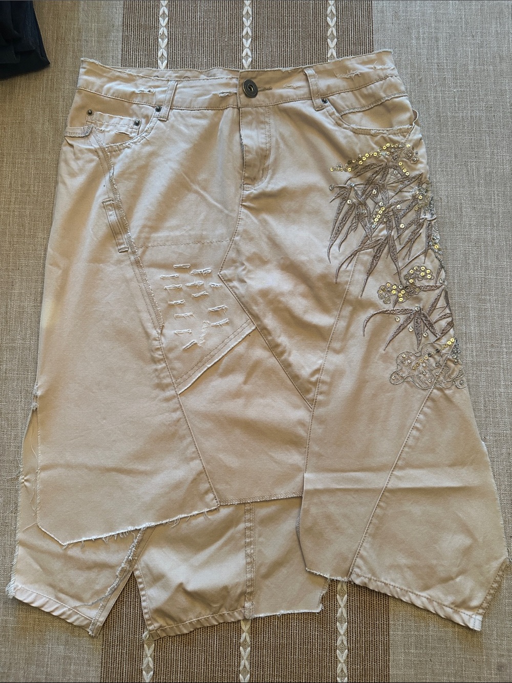 Women's Beige Asymmetrical Embroidered Skirt
